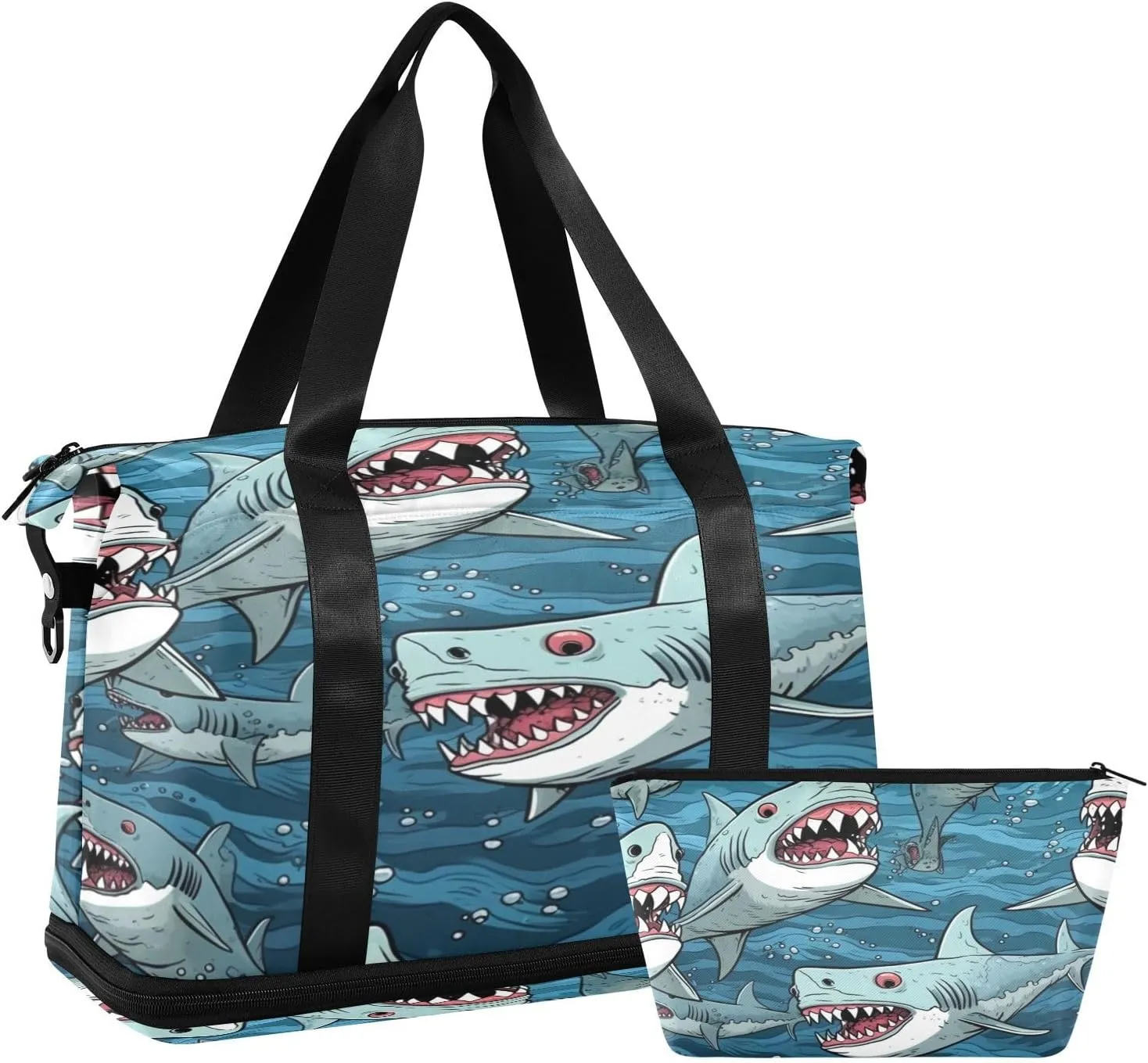 Funny Sharks Gym Bag for Men Women with Shoes Compartment & Wet Pocket Sport Travel Duffel Bag Waterproof Weekender Overnight Bag