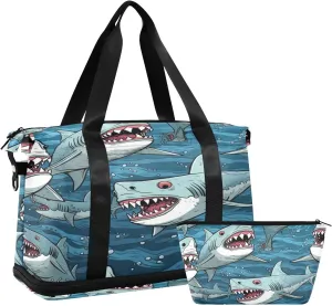 Funny Sharks Gym Bag for Men Women with Shoes Compartment & Wet Pocket Sport Travel Duffel Bag Waterproof Weekender Overnight Bag