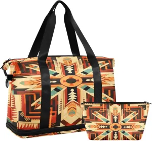 Geometric Pattern Gym Bag for Men Women with Shoes Compartment & Wet Pocket Sport Travel Duffel Bag Waterproof Weekender Overnight Bag