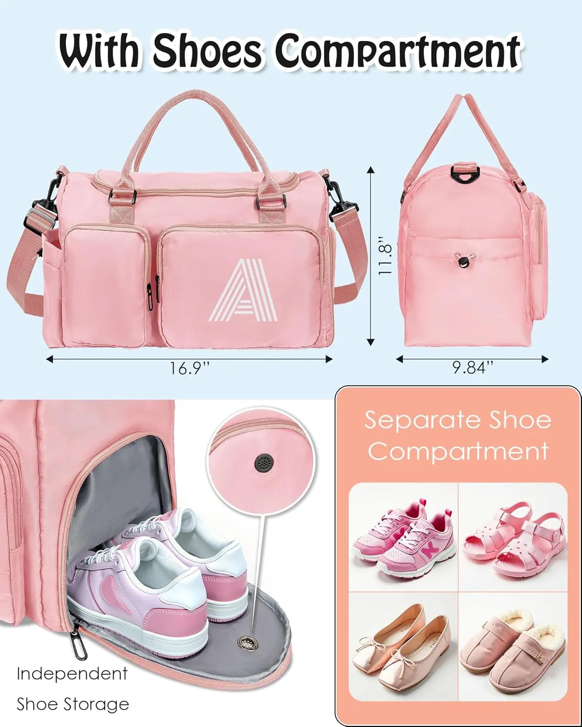 Gift for Teen Girl, Initial Gym Bag for Girls, Kids Travel Duffel Bag, Sports Bag, Personalized Weekender Bag with Shoes Compartment