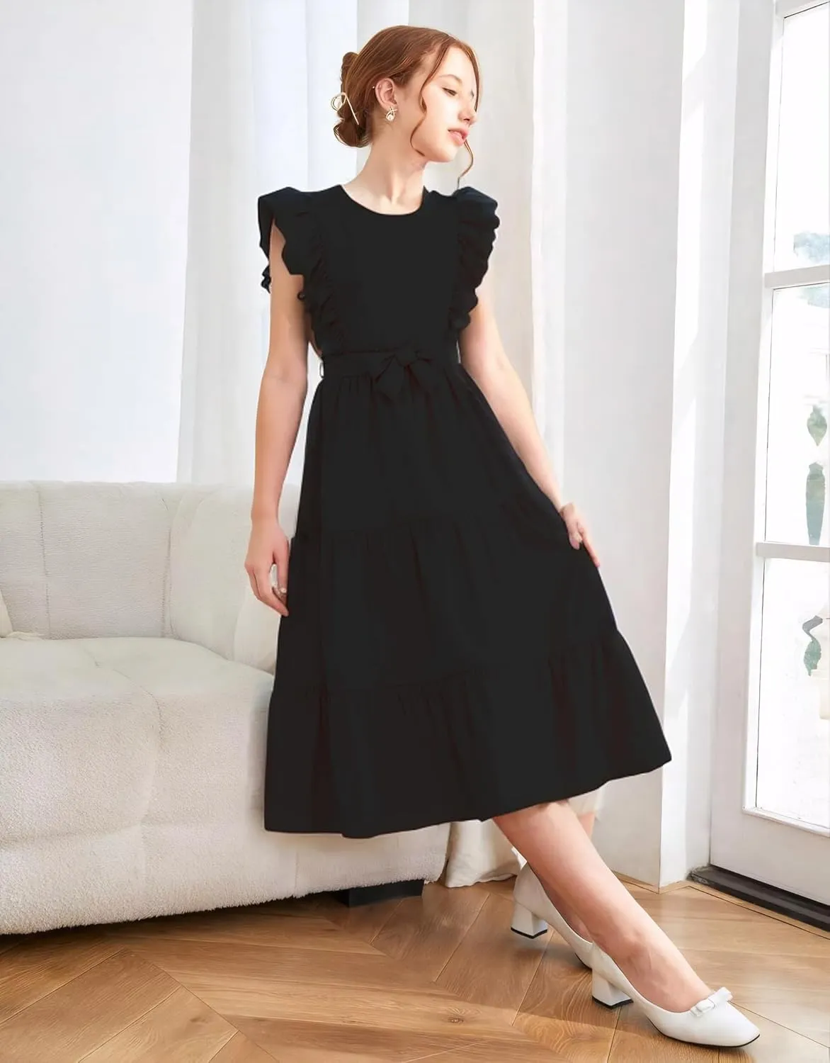 Girls Summer Dresses Ruffle Sleeve Dress A Line Swing Belted Casual Solid Color Party Dress 6-14 Years