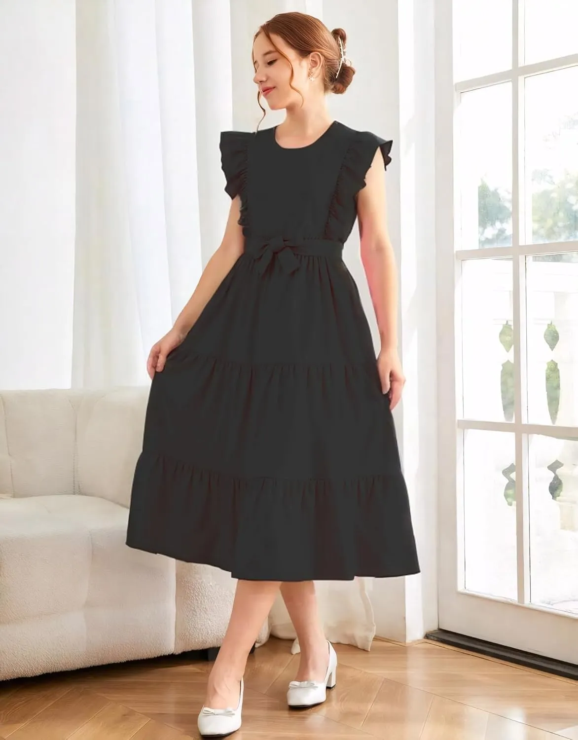 Girls Summer Dresses Ruffle Sleeve Dress A Line Swing Belted Casual Solid Color Party Dress 6-14 Years