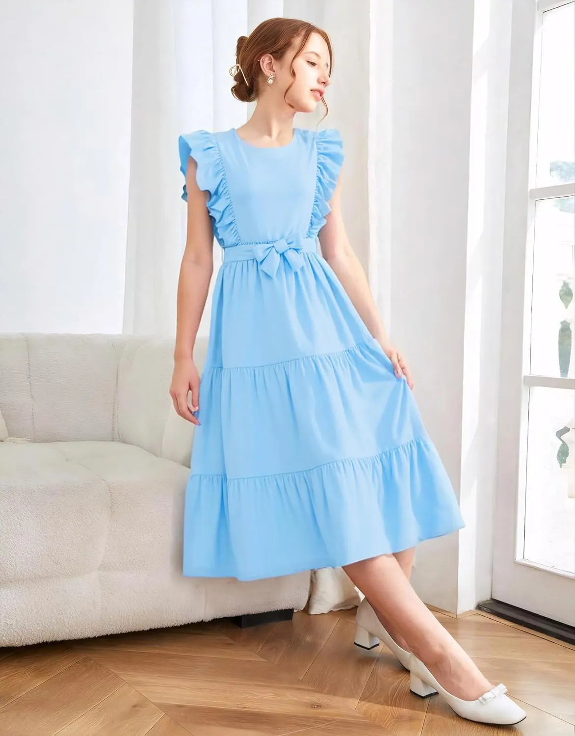 Girls Summer Dresses Ruffle Sleeve Dress A Line Swing Belted Casual Solid Color Party Dress 6-14 Years