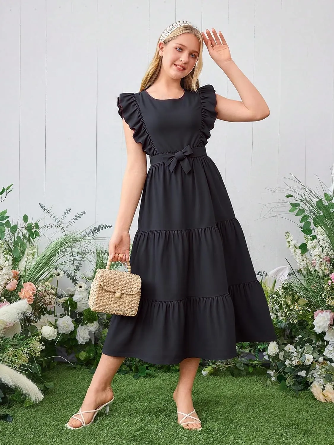 Girls Summer Dresses Ruffle Sleeve Dress A Line Swing Belted Casual Solid Color Party Dress 6-14 Years