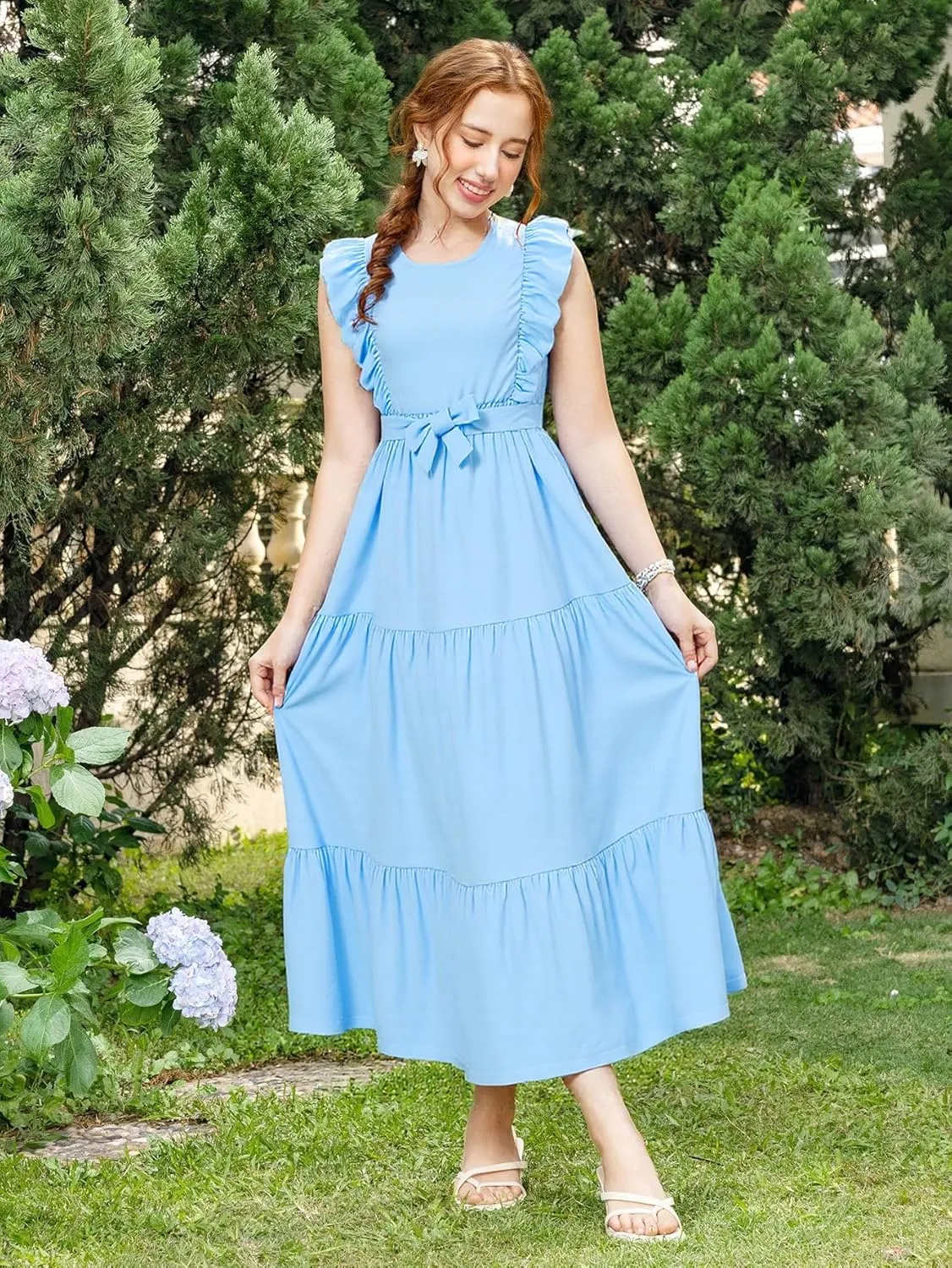 Girls Summer Dresses Ruffle Sleeve Dress A Line Swing Belted Casual Solid Color Party Dress 6-14 Years
