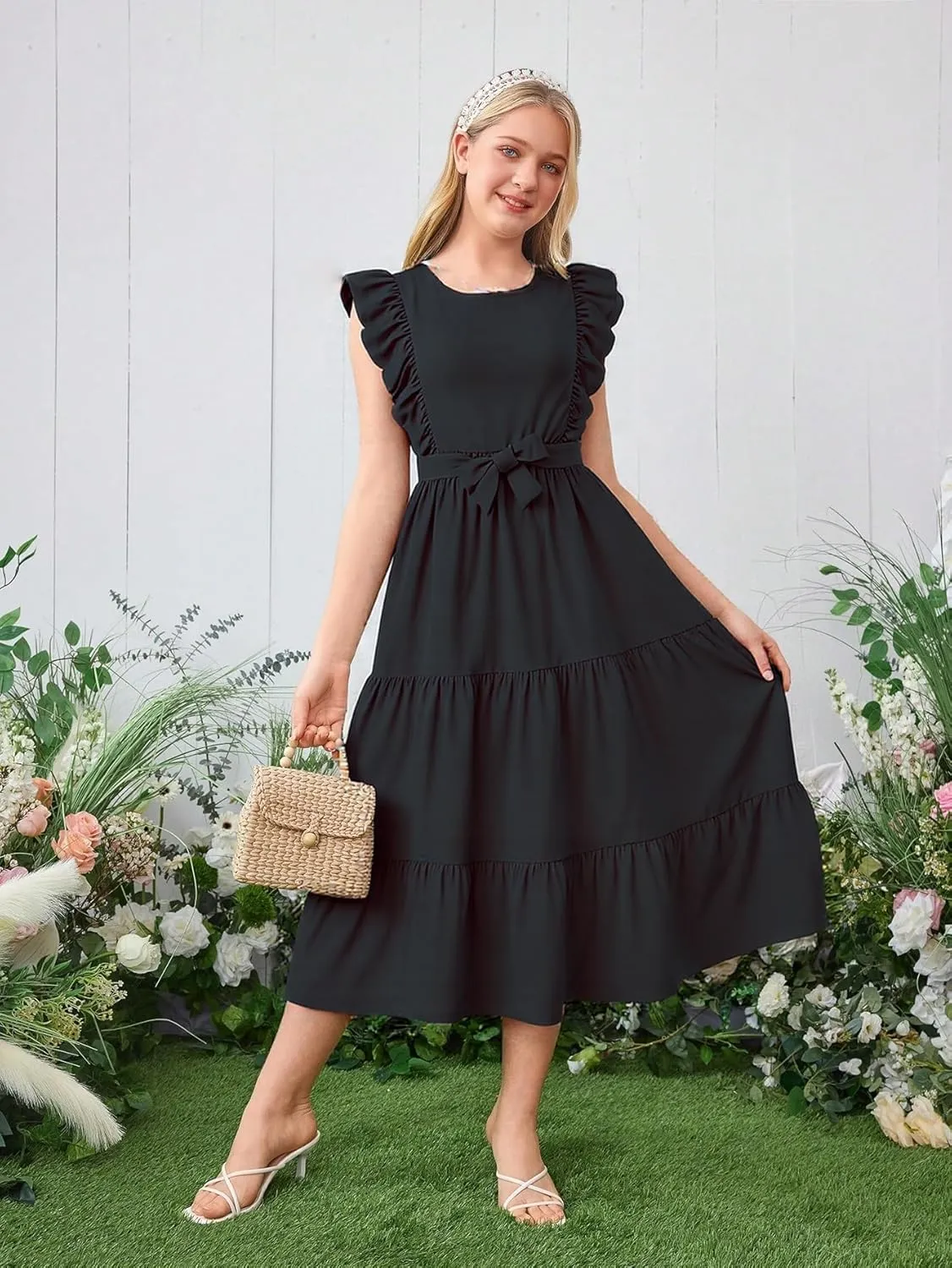 Girls Summer Dresses Ruffle Sleeve Dress A Line Swing Belted Casual Solid Color Party Dress 6-14 Years