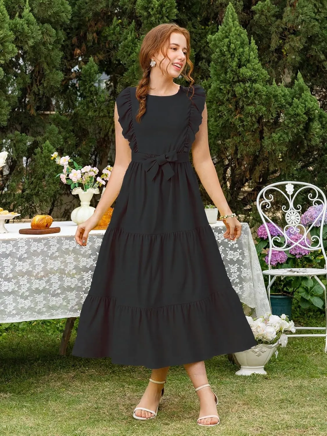 Girls Summer Dresses Ruffle Sleeve Dress A Line Swing Belted Casual Solid Color Party Dress 6-14 Years