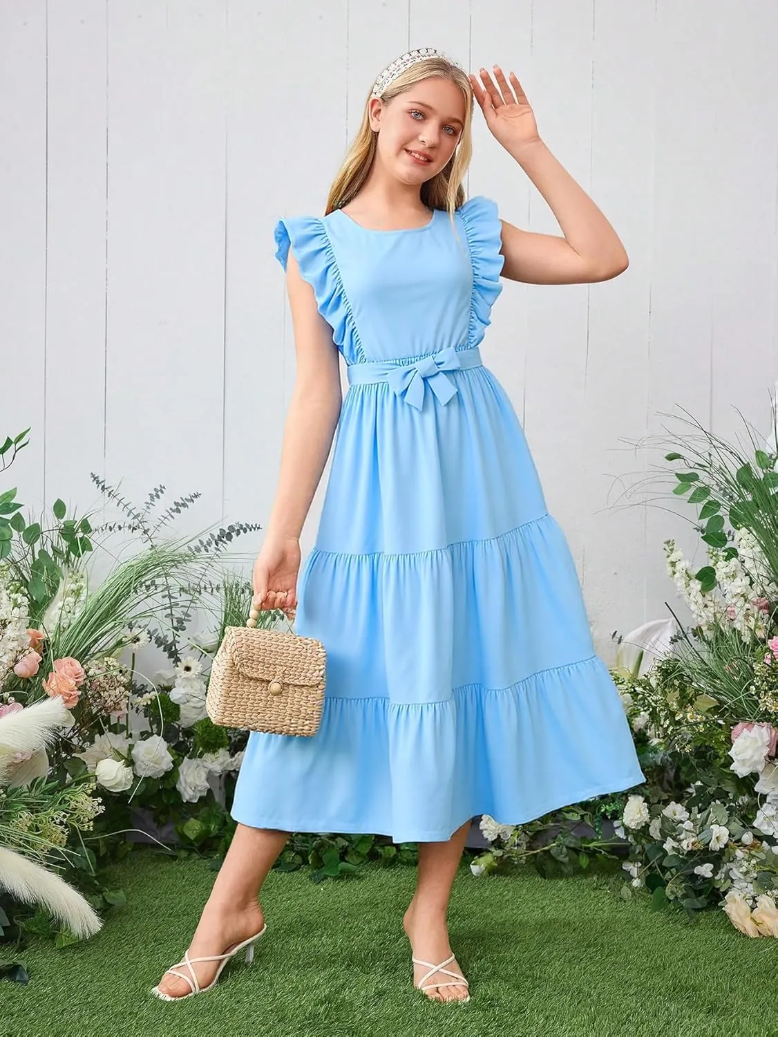 Girls Summer Dresses Ruffle Sleeve Dress A Line Swing Belted Casual Solid Color Party Dress 6-14 Years