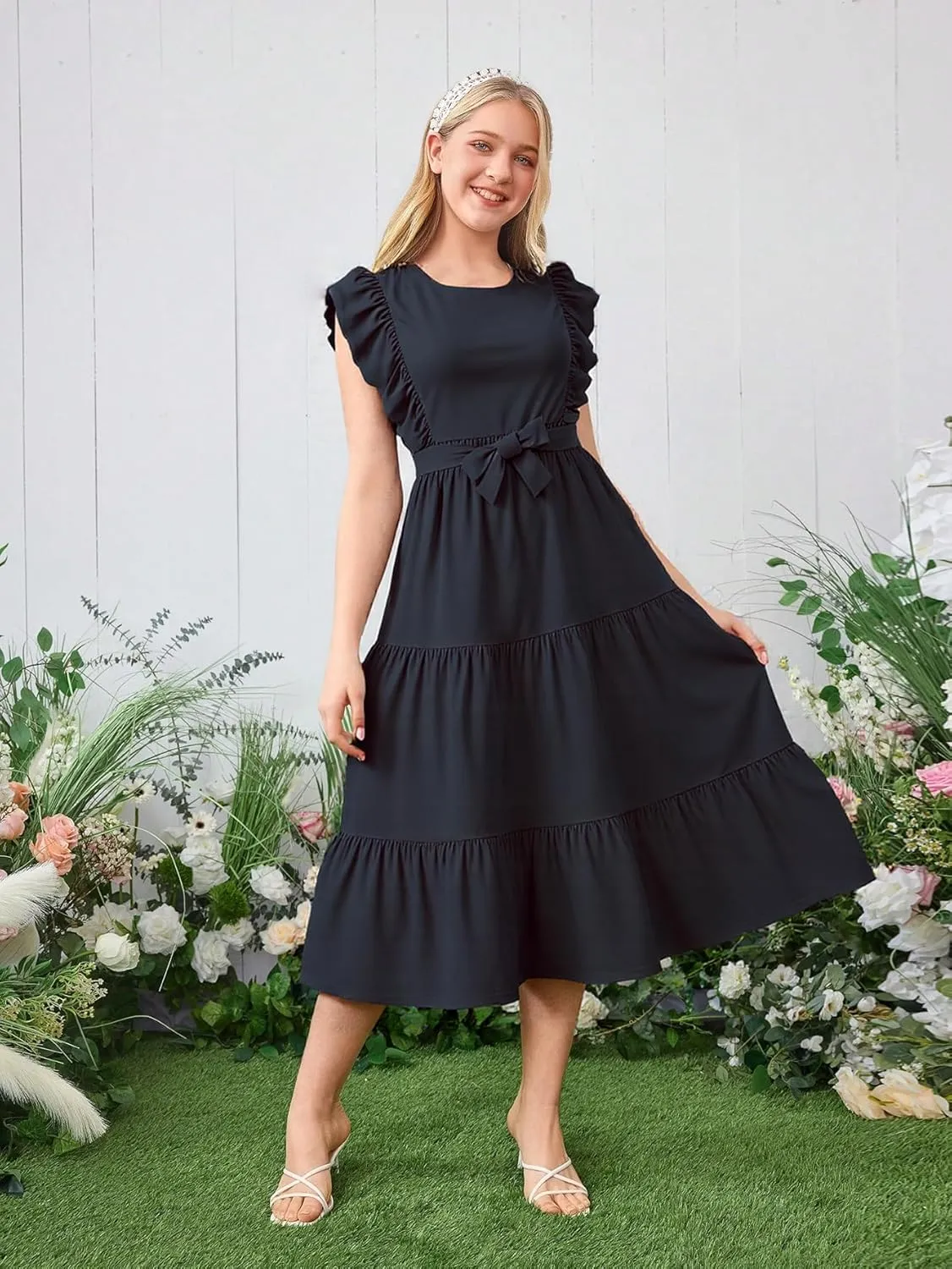 Girls Summer Dresses Ruffle Sleeve Dress A Line Swing Belted Casual Solid Color Party Dress 6-14 Years