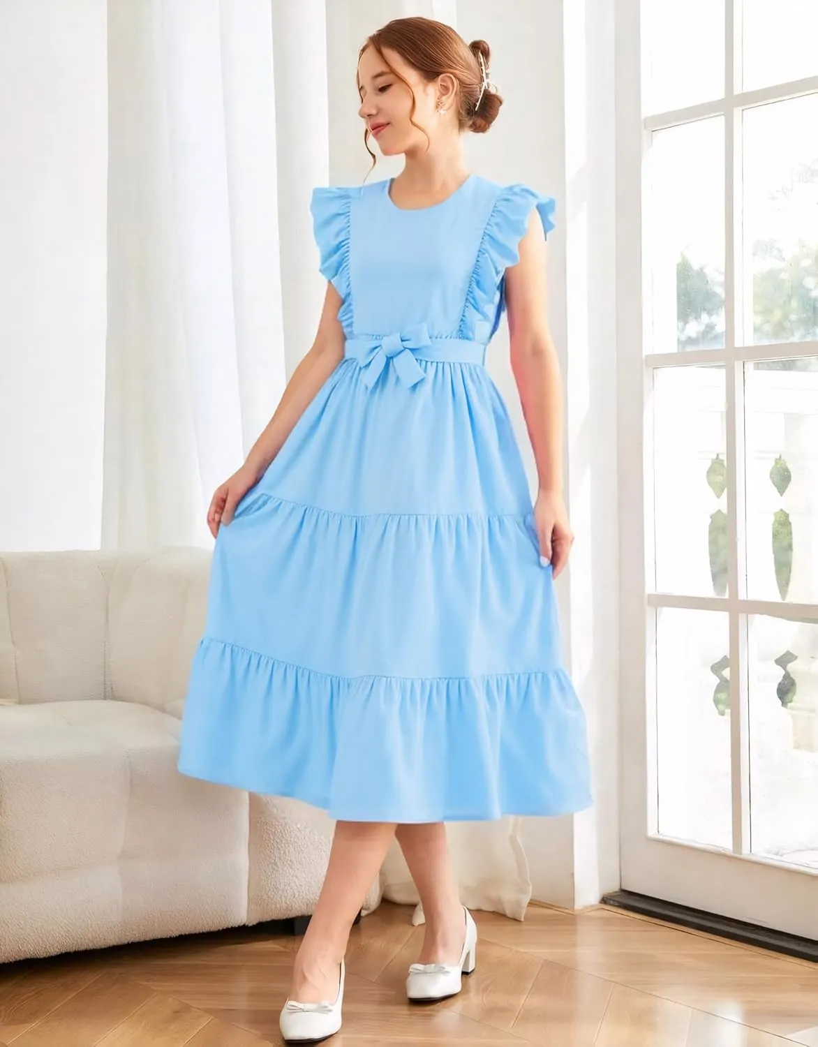 Girls Summer Dresses Ruffle Sleeve Dress A Line Swing Belted Casual Solid Color Party Dress 6-14 Years