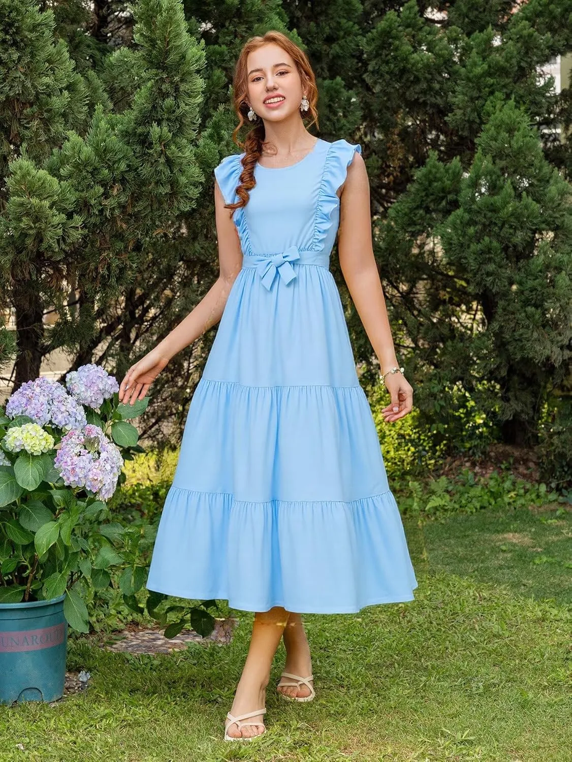 Girls Summer Dresses Ruffle Sleeve Dress A Line Swing Belted Casual Solid Color Party Dress 6-14 Years