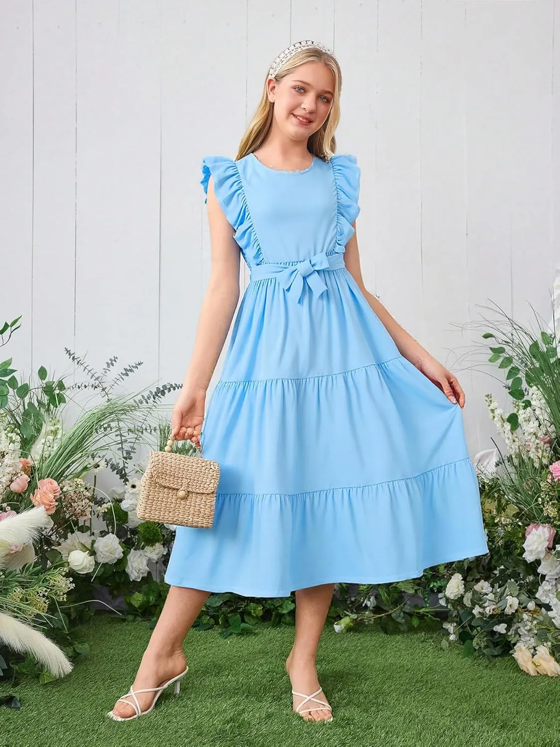 Girls Summer Dresses Ruffle Sleeve Dress A Line Swing Belted Casual Solid Color Party Dress 6-14 Years