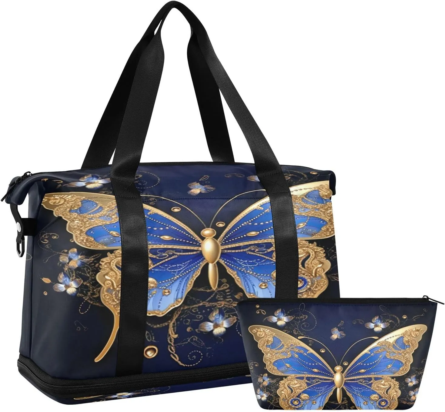 Gold Butterfly Sports Gym Bag,Travel Duffel bag with Wet Pocket & Shoes Compartment Lightweight Waterproof Overnight Bag for Men Women