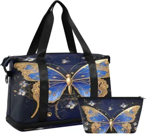 Gold Butterfly Sports Gym Bag,Travel Duffel bag with Wet Pocket & Shoes Compartment Lightweight Waterproof Overnight Bag for Men Women