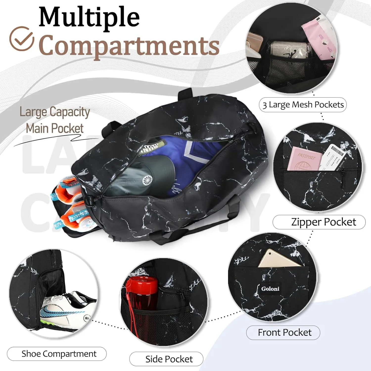 Goloni Travel Duffle Bag,Large Gym Duffel Bag for Women and Men, Travel bag with Shoe and Wet Clothes Compartments, E-Marble