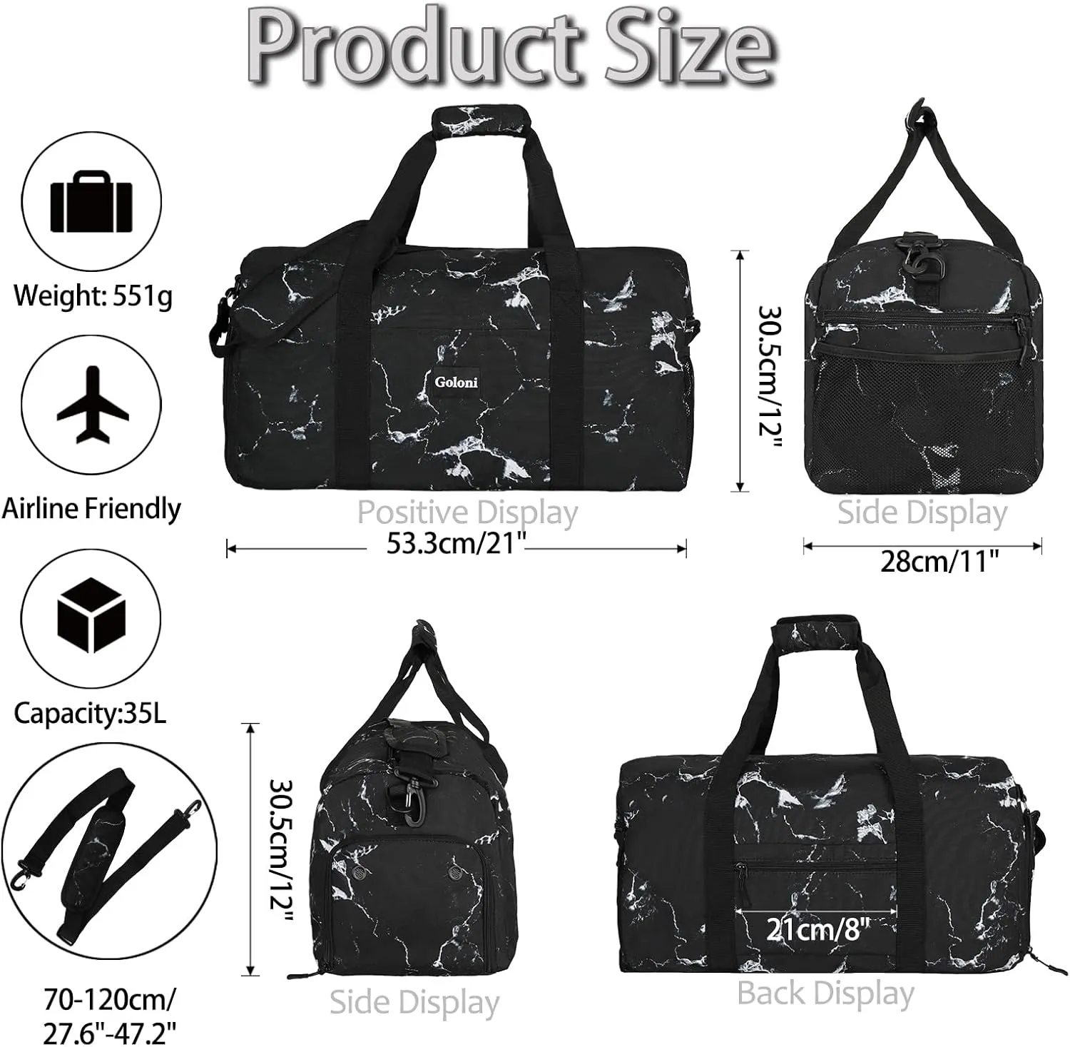 Goloni Travel Duffle Bag,Large Gym Duffel Bag for Women and Men, Travel bag with Shoe and Wet Clothes Compartments, E-Marble