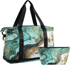 Green Marble Gym Bag for Men Women with Shoes Compartment & Wet Pocket Sport Travel Duffel Bag Waterproof Weekender Overnight Bag