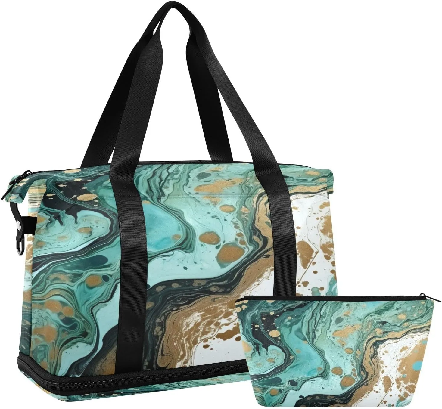 Green Marble Gym Bag for Men Women with Shoes Compartment & Wet Pocket Sport Travel Duffel Bag Waterproof Weekender Overnight Bag