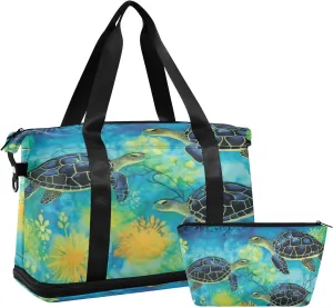 Green Sea Turtle Gym Bag for Men Women with Shoes Compartment & Wet Pocket Sport Travel Duffel Bag Waterproof Weekender Overnight Bag