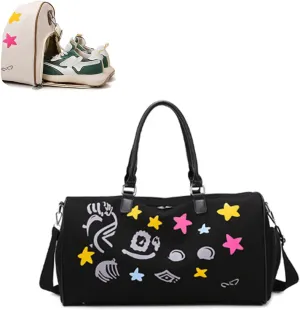 Gym Bag for Women, Sports Tote Gym Bag, Shoulder Weekender Overnight Bag, Travel Duffel Bag with Shoes Compartment & Wet Pocket (Black)