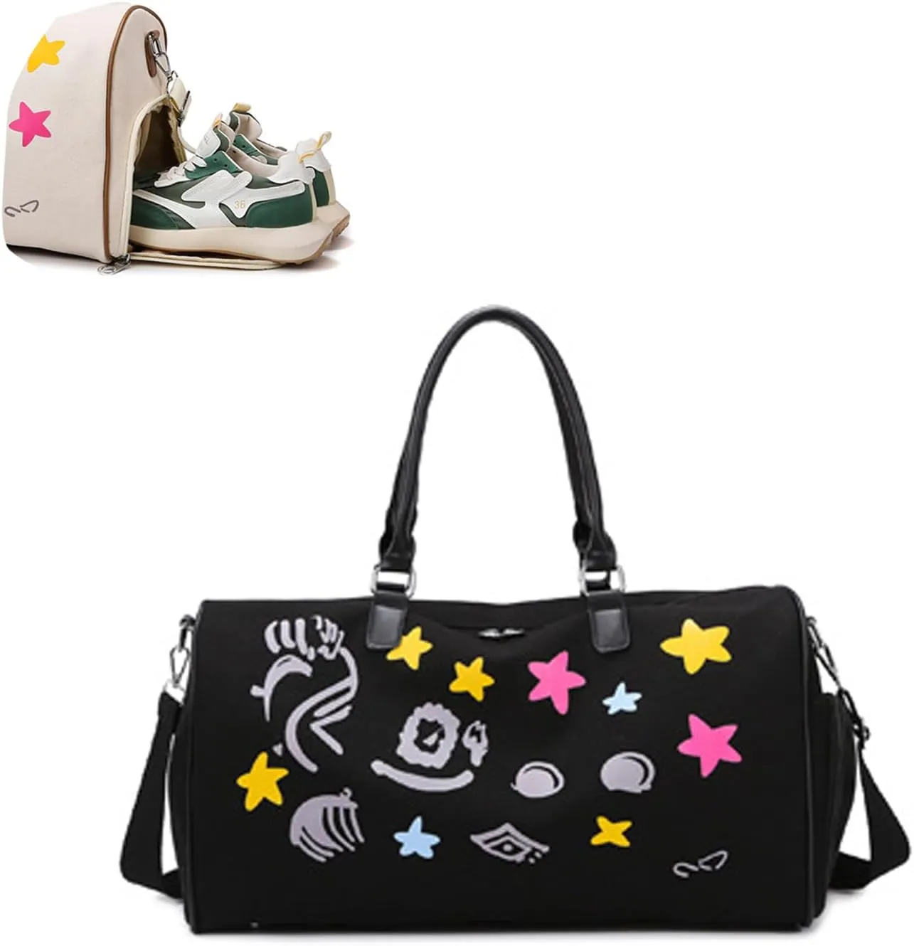 Gym Bag for Women, Sports Tote Gym Bag, Shoulder Weekender Overnight Bag, Travel Duffel Bag with Shoes Compartment & Wet Pocket (Black)