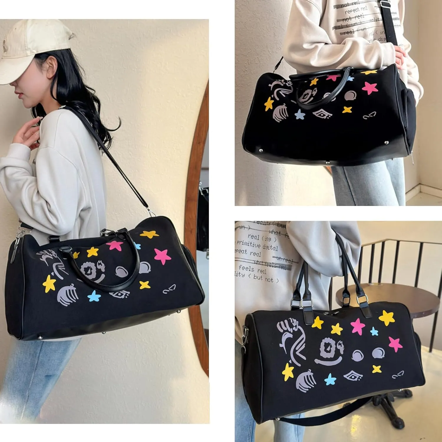 Gym Bag for Women, Sports Tote Gym Bag, Shoulder Weekender Overnight Bag, Travel Duffel Bag with Shoes Compartment & Wet Pocket (Black)