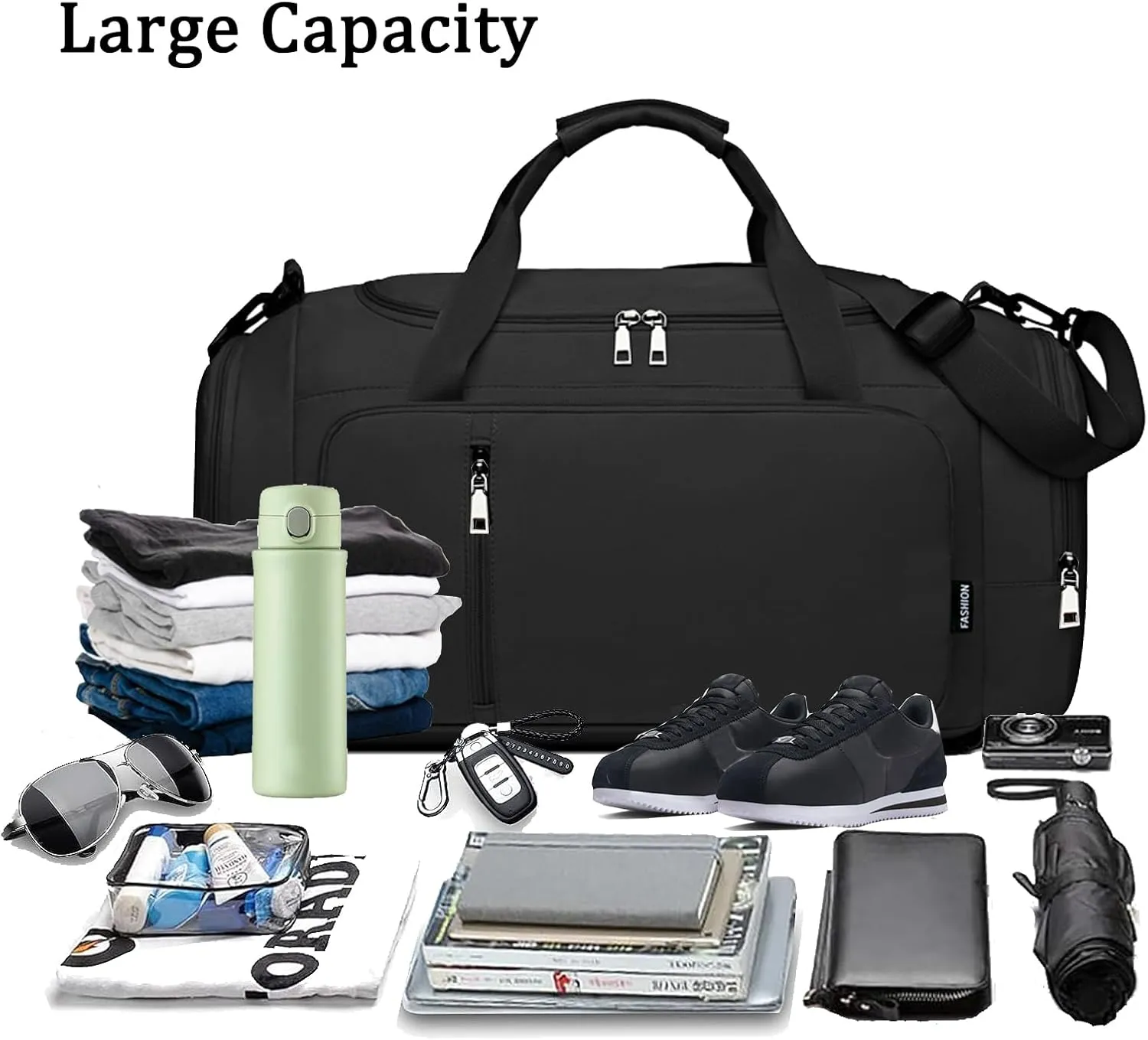Gym Bag Sports Duffle Bag for Men and Women Travel Backpack Weekender Overnight Bag with Shoes Compartment and Wet Pocket, Black