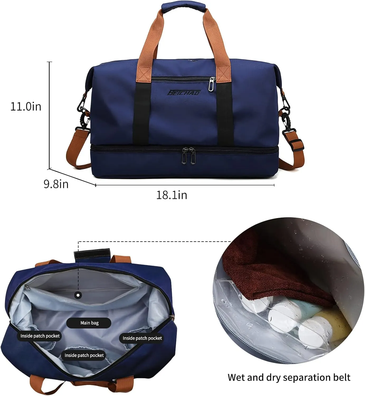 Gym Bag Travel Duffel Bag Weekender Bag Sports Tote Bag for Men and Women with Dry Wet Pocket & Shoes Compartment (Blue)