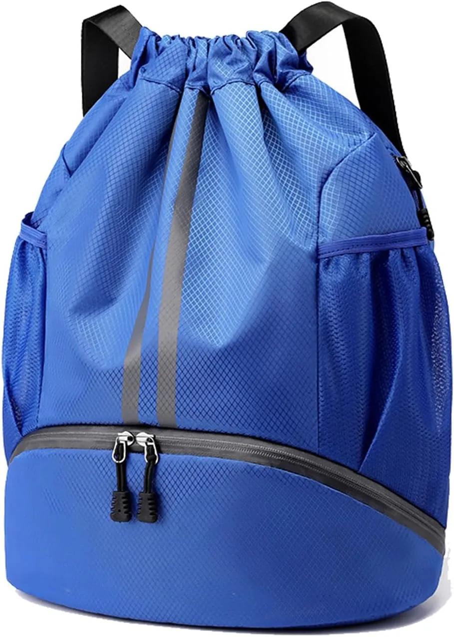 Gym Drawstring Backpack Large Basketball String Bag Workout Track Bag with Shoes Compartment and Dry Wet Separation Pocket(Light Blue)