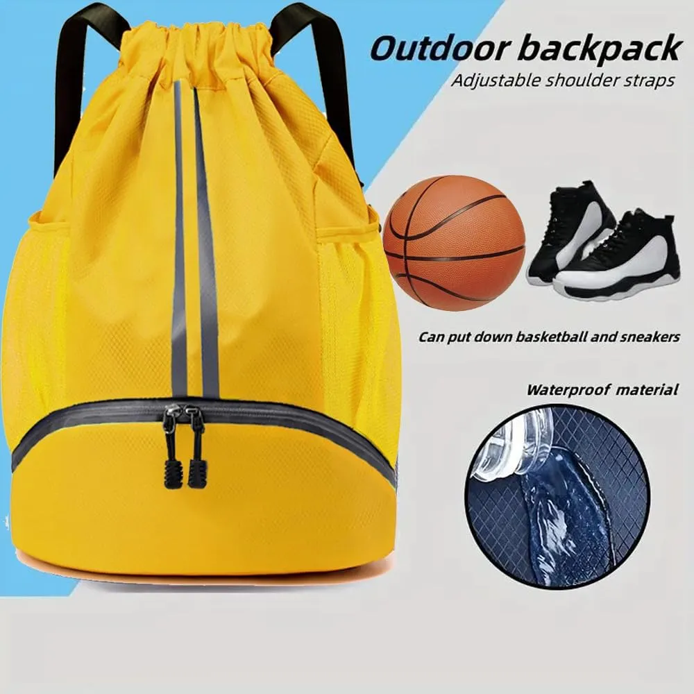Gym Drawstring Backpack String Basketball Soccer Workout Bag Sport Swim Cinch with Shoes Compartment Dry Wet Pocket for Women Men(Yellow)