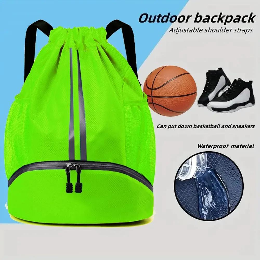 Gym Drawstring Bag Large Basketball Backpack Lightweight Workout Track Bag with Dry/Wet Pockets, Shoes Compartment, Drawstring Closure, Large Size(Green)