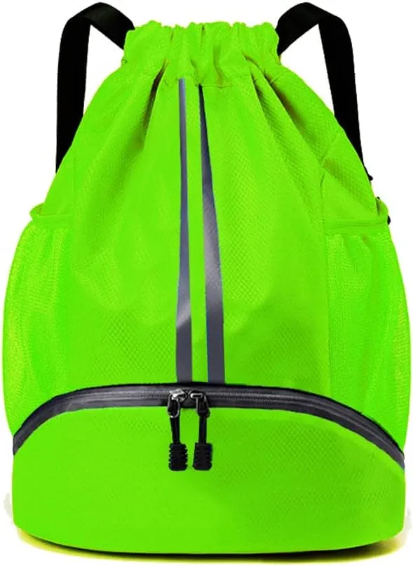Gym Drawstring Bag Large Basketball Backpack Lightweight Workout Track Bag with Dry/Wet Pockets, Shoes Compartment, Drawstring Closure, Large Size(Green)