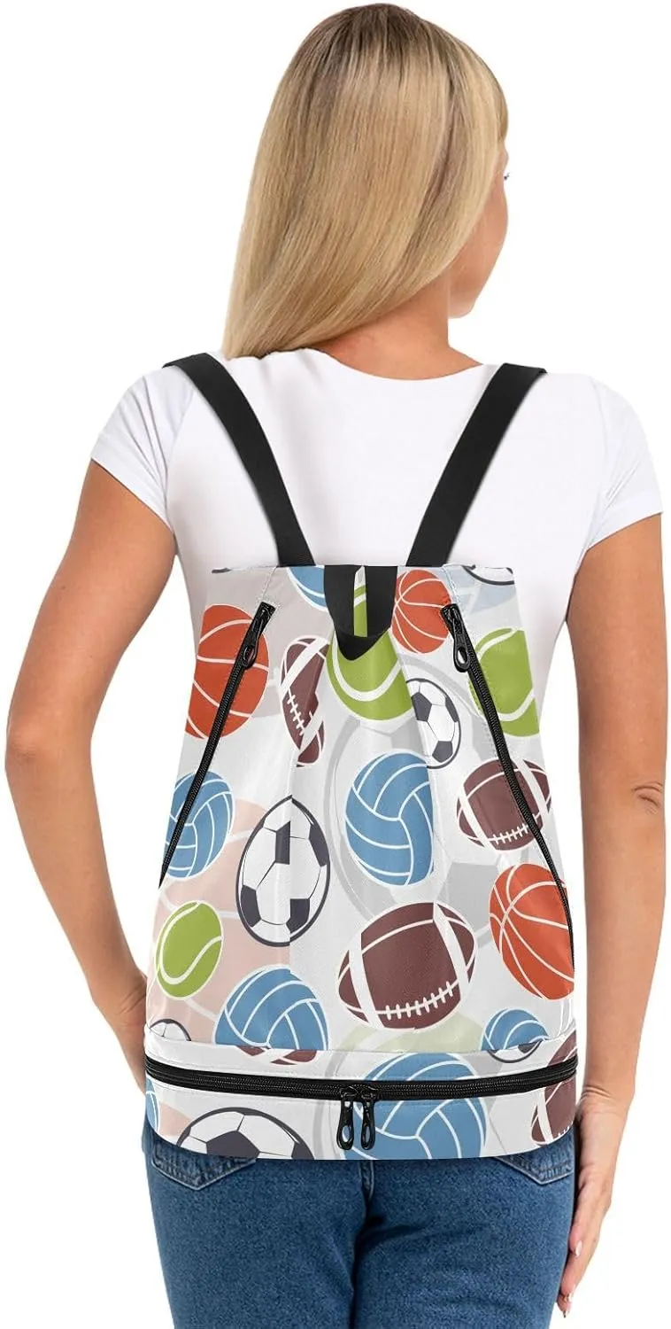 Gym Drawstring Bags with Shoes Compartment Wet Proof Pocket Gym Equipment Bags Draw String backpack for Sports Travel Swimming Beach Ball