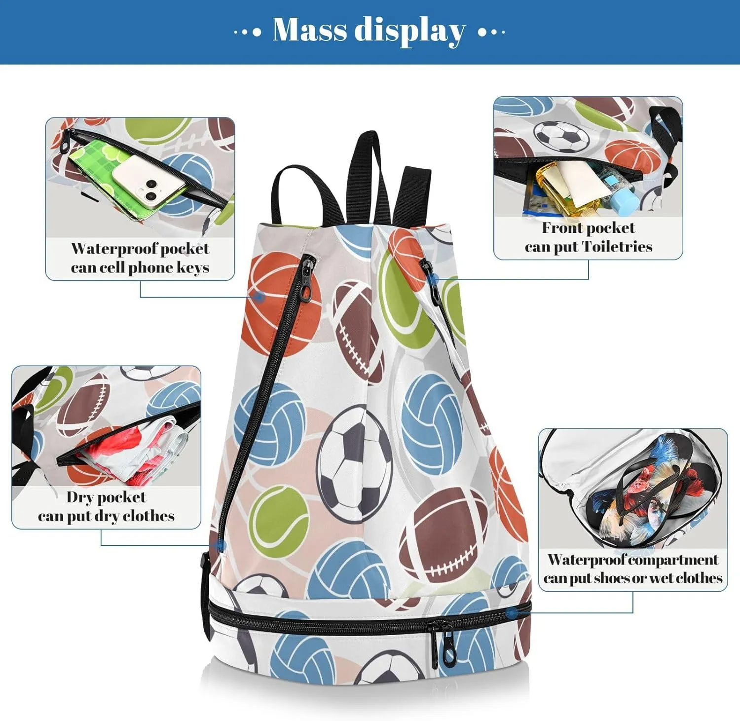 Gym Drawstring Bags with Shoes Compartment Wet Proof Pocket Gym Equipment Bags Draw String backpack for Sports Travel Swimming Beach Ball