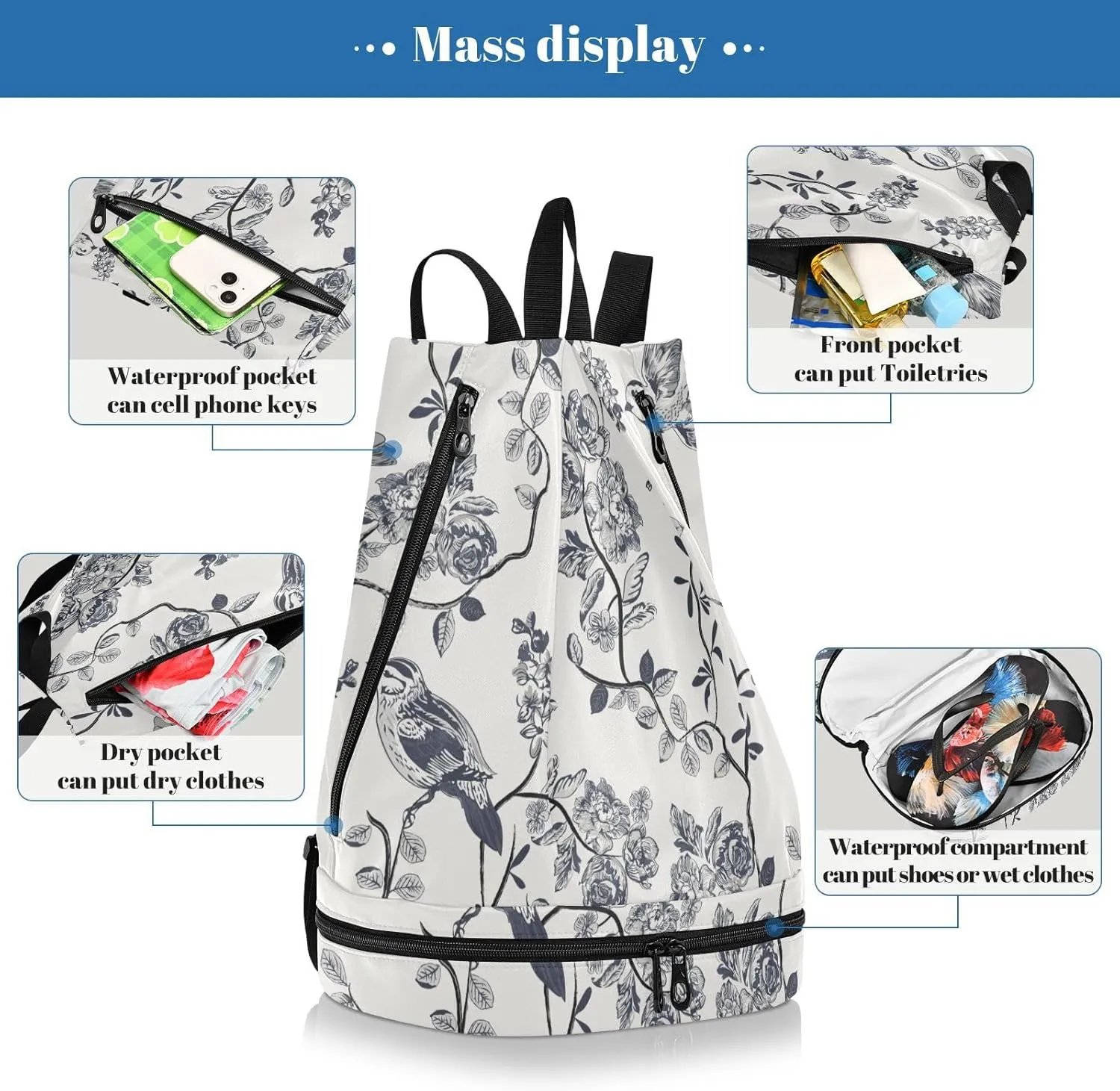 Gym Drawstring Bags with Shoes Compartment Wet Proof Pocket Gym Equipment Bags Draw String backpack for Sports Travel Swimming Beach Bird
