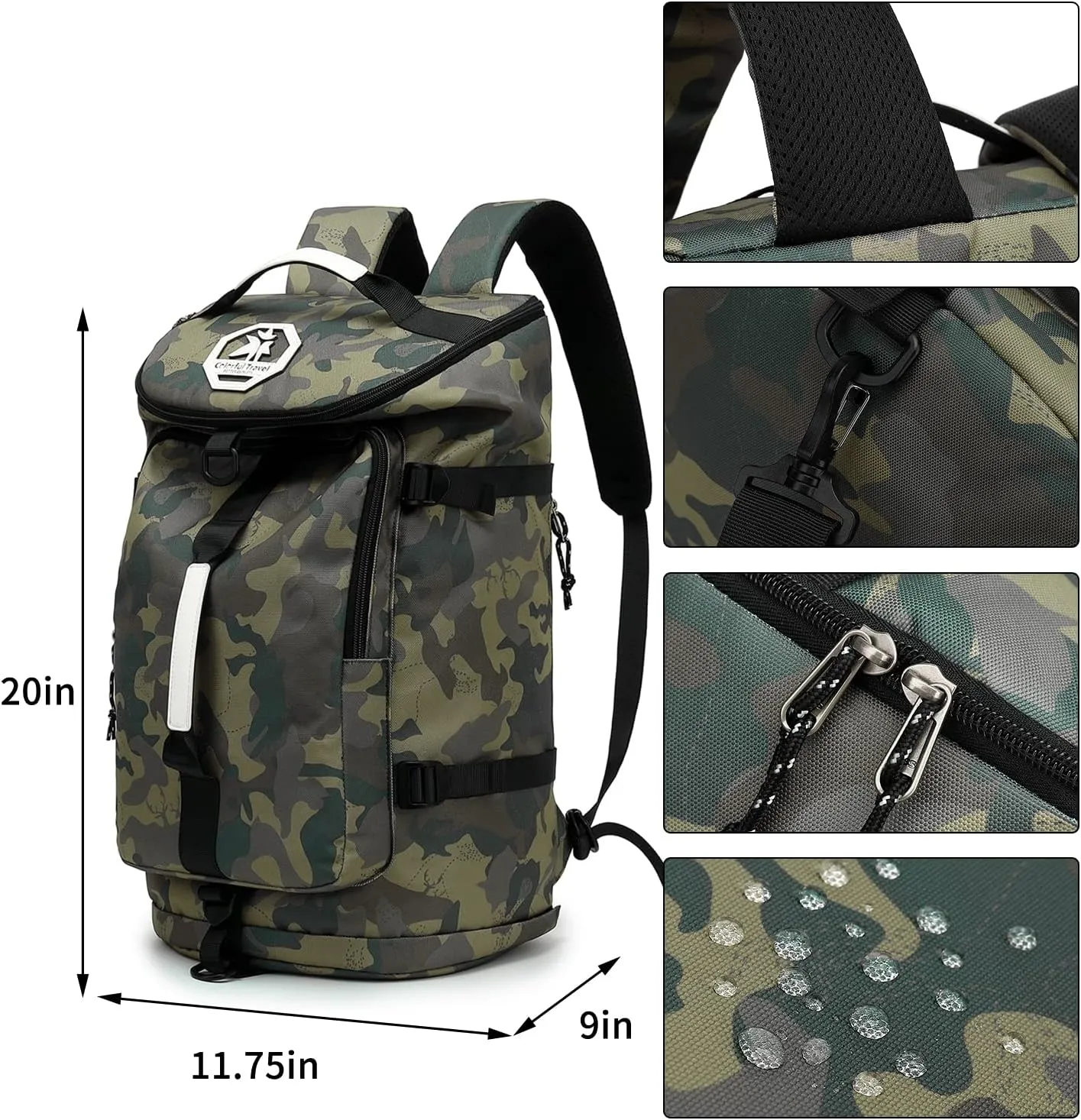 Gym Duffle Bag Backpack 4-Way Waterproof with Shoes Compartment for travel Sport Hiking laptop, Camouflage, X-Large, Duffel Backpacks