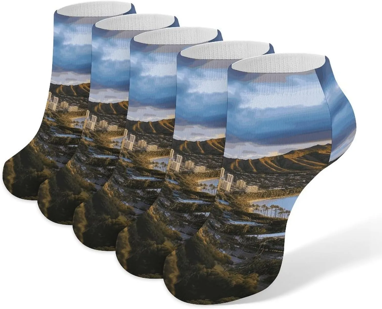 Hawaii Skyline Diamond Head Volcano Ankle Socks Soft Breathable No Show Socks Comfortable Cotton Low Cut Casual Socks for Women Men 5 Pairs
