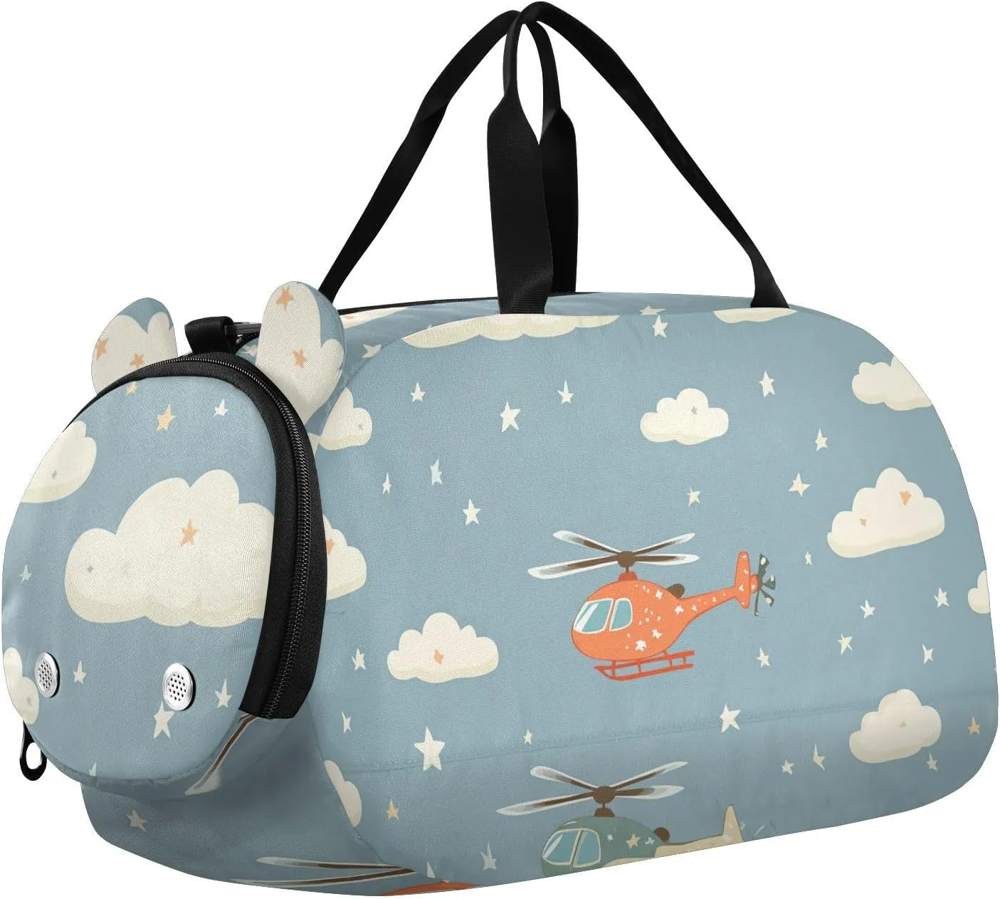 Helicopter and Stars Cloud Silver Small Gym Bag with Shoes Compartment Lightweight Travel Duffel Bag for Travel, Swimming, Dance, Ballet