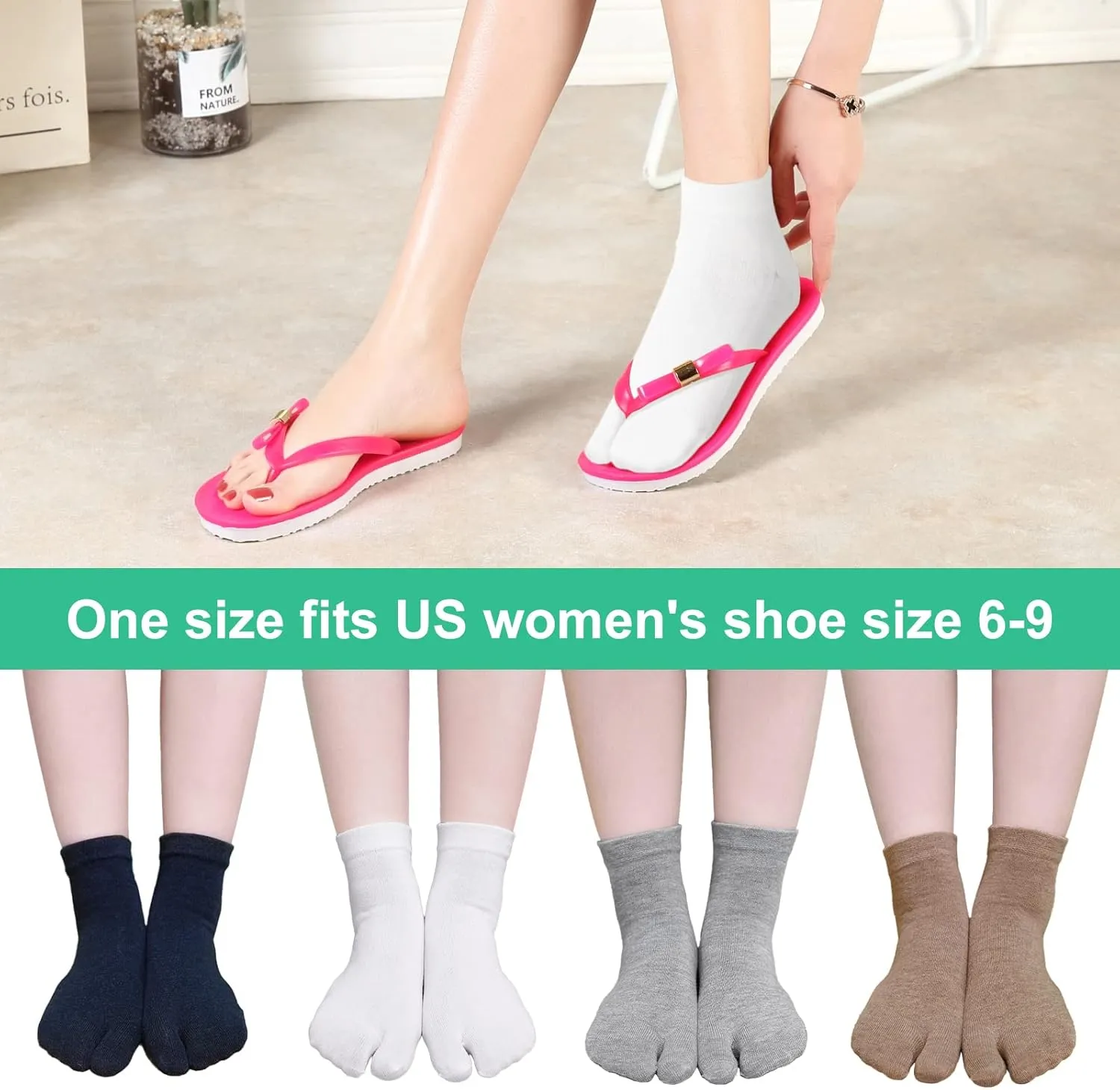 Hellomamma Women's Tabi Flip Flop Socks Two Toe Split Athletic Cotton Colorful Ankle Sock 4pairs
