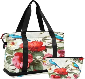 Hibiscus Flower Sports Gym Bag,Travel Duffel bag with Wet Pocket & Shoes Compartment Lightweight Waterproof Overnight Bag for Men Women