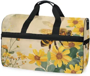 Honey Bee Flowers Travel Duffel Bag Luggage Sports Gym Bags With Shoes Compartment Large Capacity Lightweight Duffle Bag For Men Women