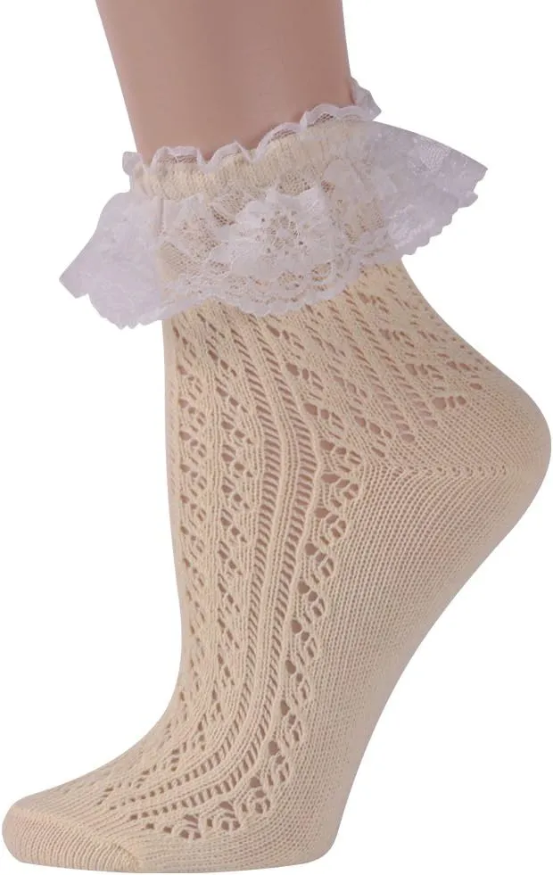 JSPA Womens Lace Ankle Socks Ladies Cotton Vintage Ruffle Frilly Cute Casual Novelty Anklet Socks 4/5/6 Pairs