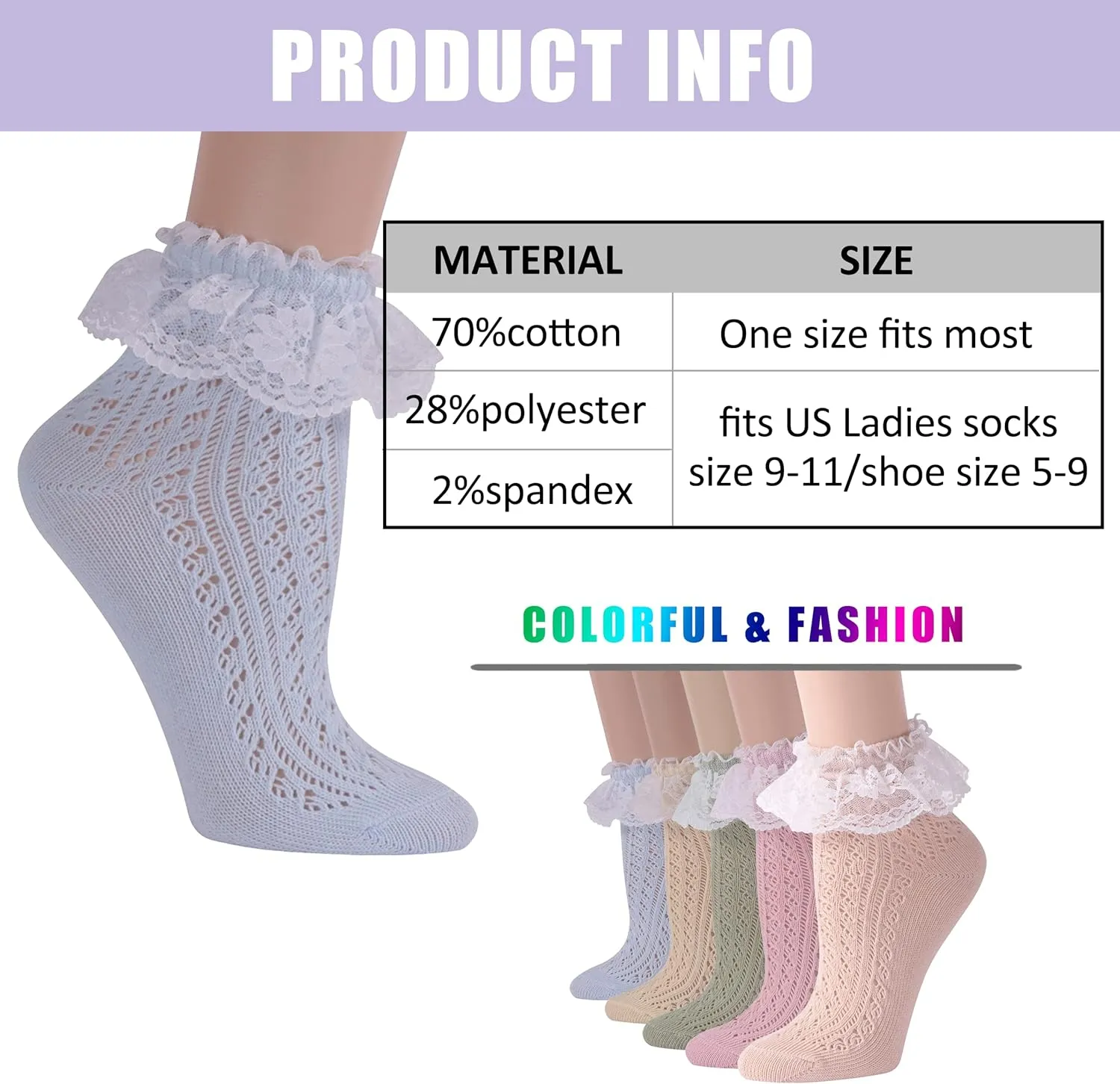 JSPA Womens Lace Ankle Socks Ladies Cotton Vintage Ruffle Frilly Cute Casual Novelty Anklet Socks 4/5/6 Pairs