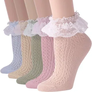 JSPA Womens Lace Ankle Socks Ladies Cotton Vintage Ruffle Frilly Cute Casual Novelty Anklet Socks 4/5/6 Pairs