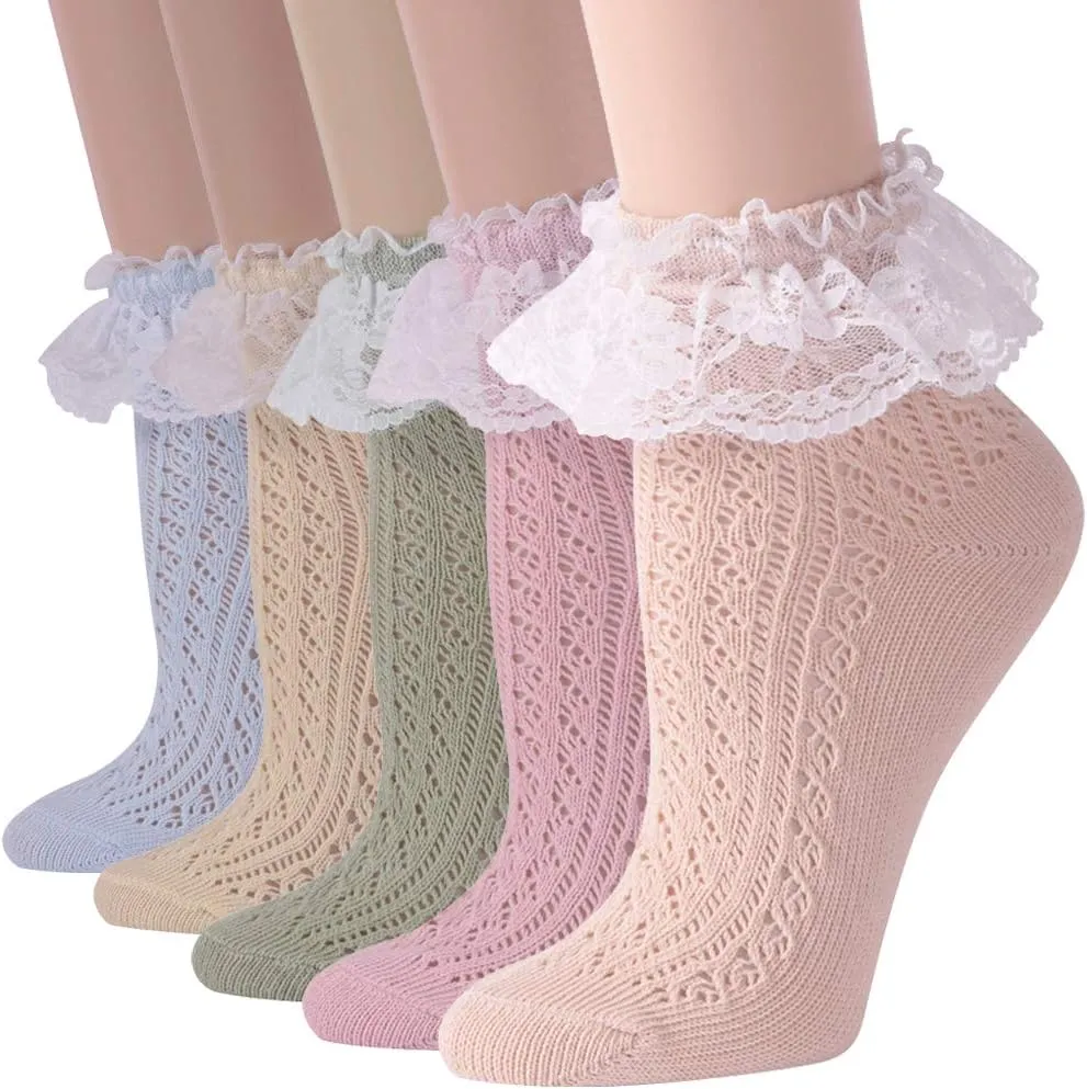 JSPA Womens Lace Ankle Socks Ladies Cotton Vintage Ruffle Frilly Cute Casual Novelty Anklet Socks 4/5/6 Pairs