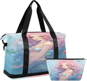Kigai Mermaid Gym Bag for Women & Men,Waterproof Weekender Overnight Bag with Shoes Compartment Sports Duffel Bag for Gym Yoga Swimming Camping
