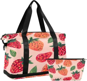 Kigai Strawberry Gym Bag for Women & Men,Waterproof Weekender Overnight Bag with Shoes Compartment Sports Duffel Bag for Gym Yoga Swimming Camping