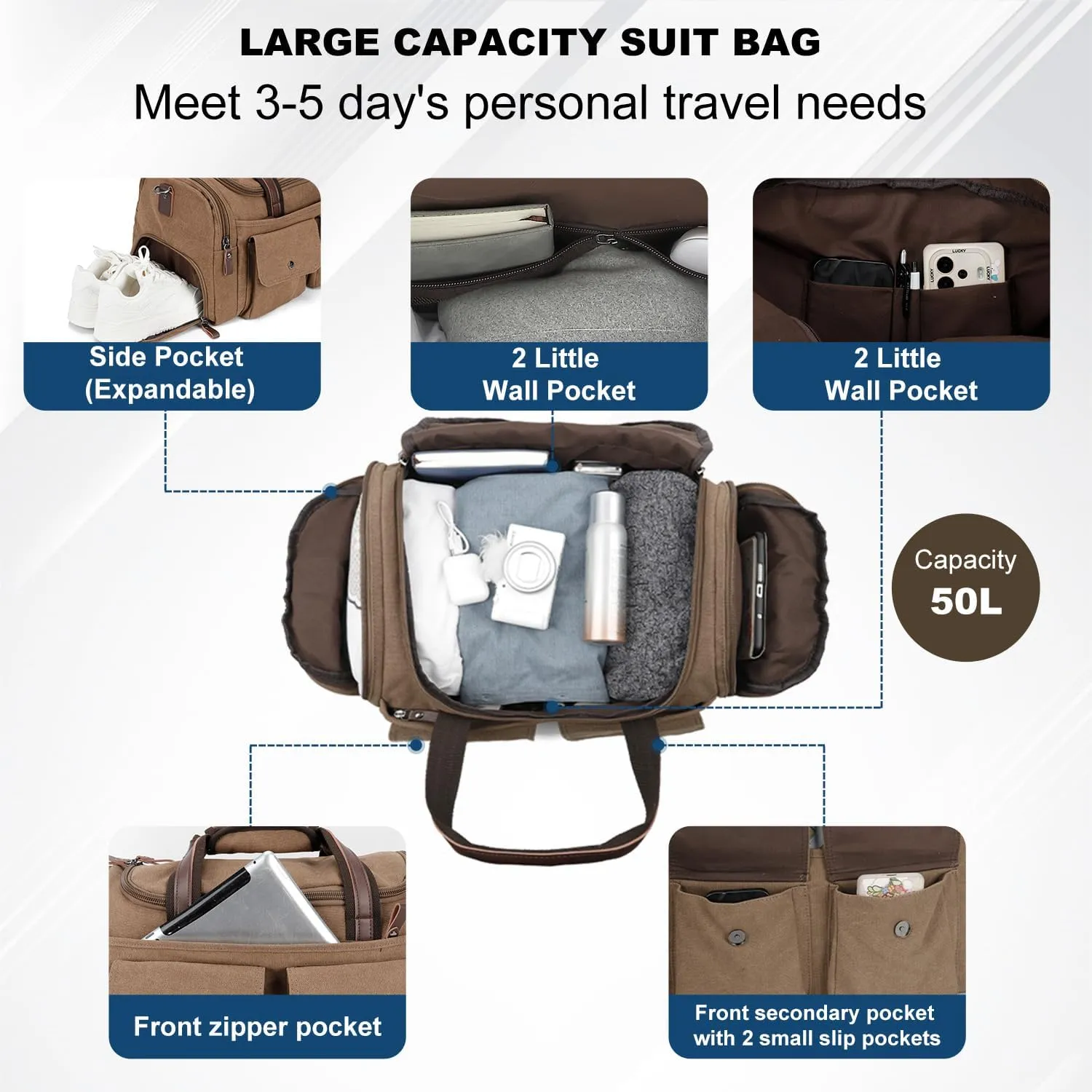 Koolehaoda 36-55L Canvas Expandable Duffle Bag for Men Women Traveling, Luggage Travel Bag with Shoes Compartment Weekender Travel Bag,Mens Gym Carry on Duffel Bags(204-coffee), coffee, European and