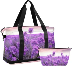 Lavender Flower Sports Gym Bag,Travel Duffel bag with Wet Pocket & Shoes Compartment Lightweight Waterproof Overnight Bag for Men Women