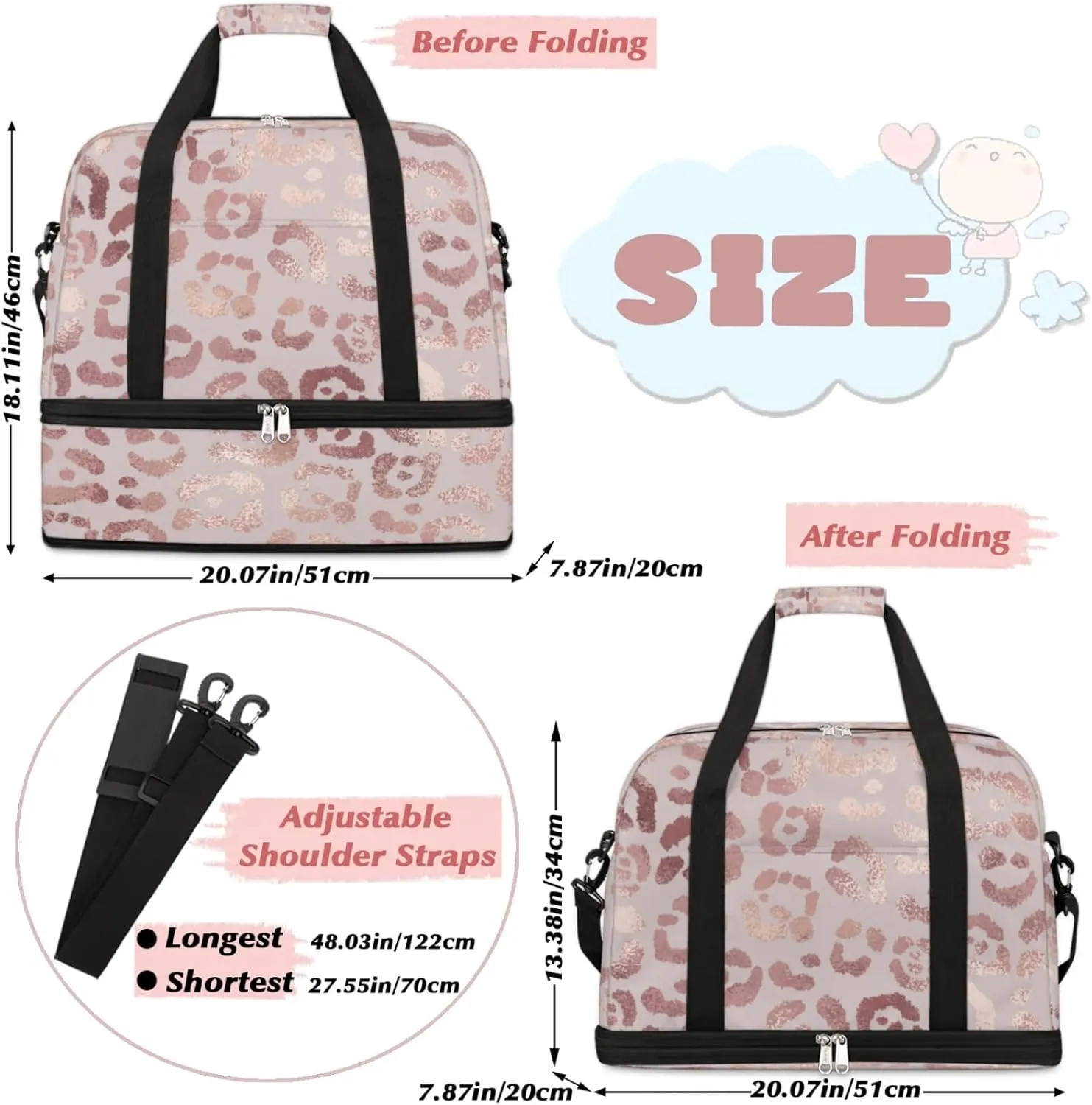 Leopard Print Foldable Travel Duffel Bag, Expandable Sports Gym Bag with Shoes Compartment Weekender Overnight Totes Bags for Women Men